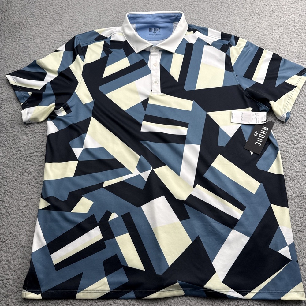 Rhone Golf Sport Polo Mens XXL Blue Abstract Geo Print UPF 50 Goldfusion 102347
